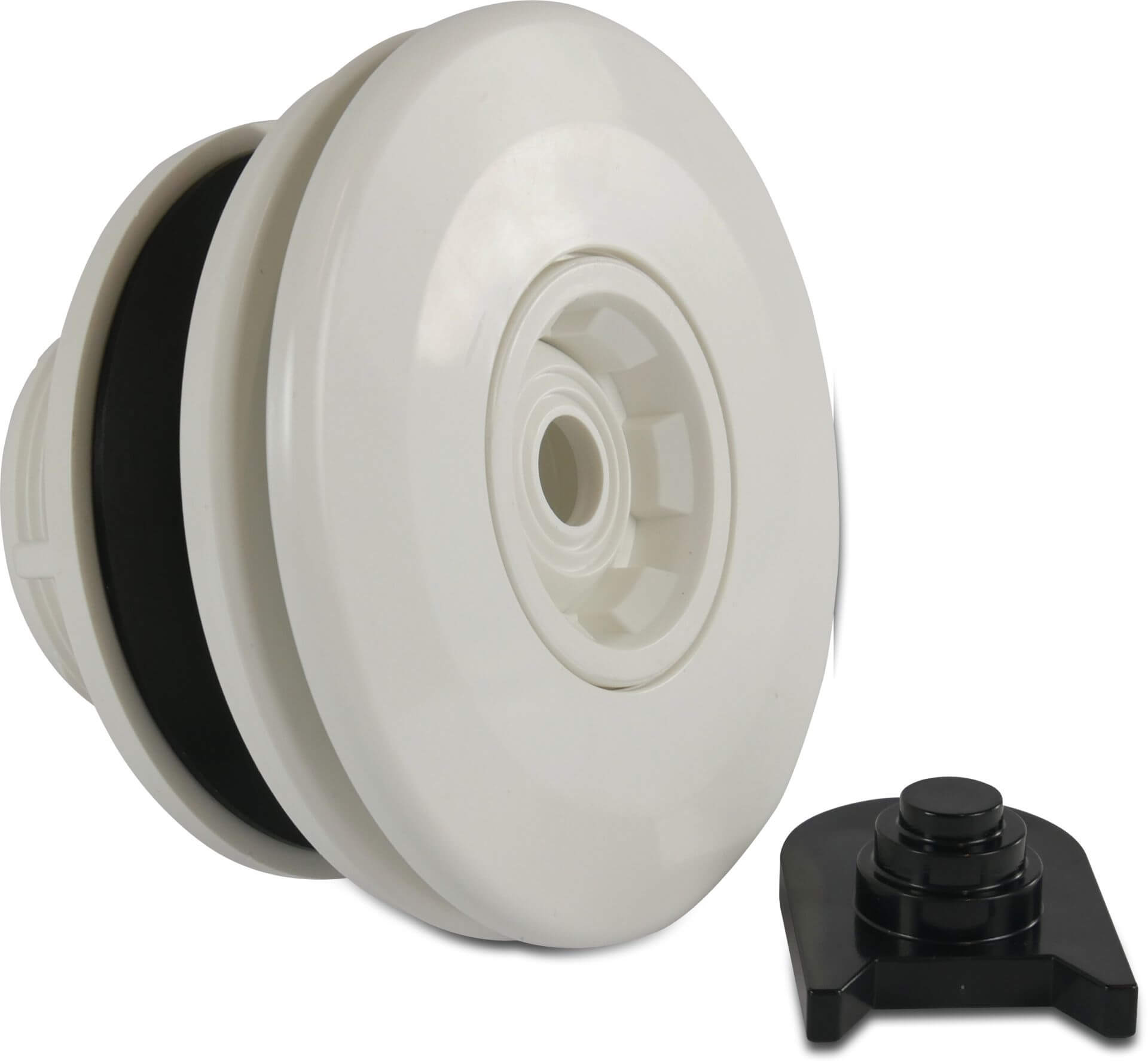 Flotide Justerbart utlopp ABS 50 mm x 2" limsockel x utvändig gänga vit 14 mm munstycke för liner pooler type med mässing M5 gänga